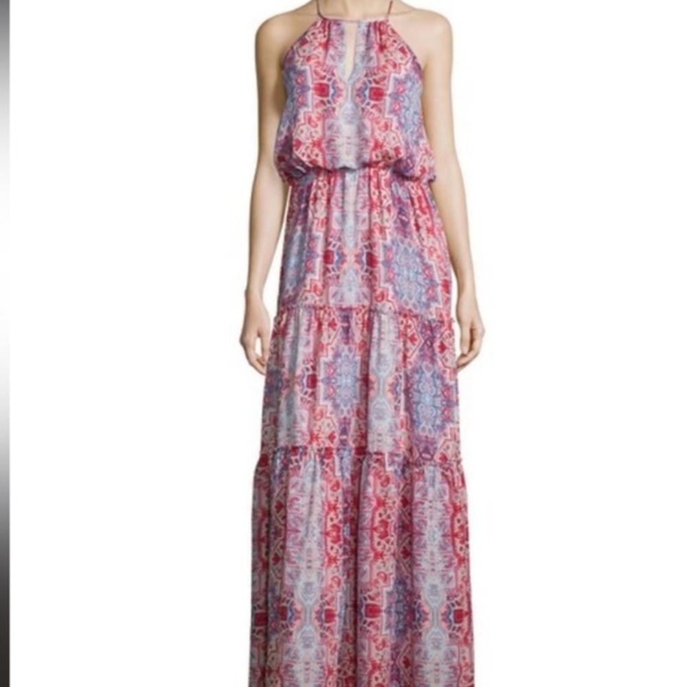 PARKER TUDOR MARMARI PINK BLUE PRINT BOHO HALTER TIERED MAXI DRESS XS